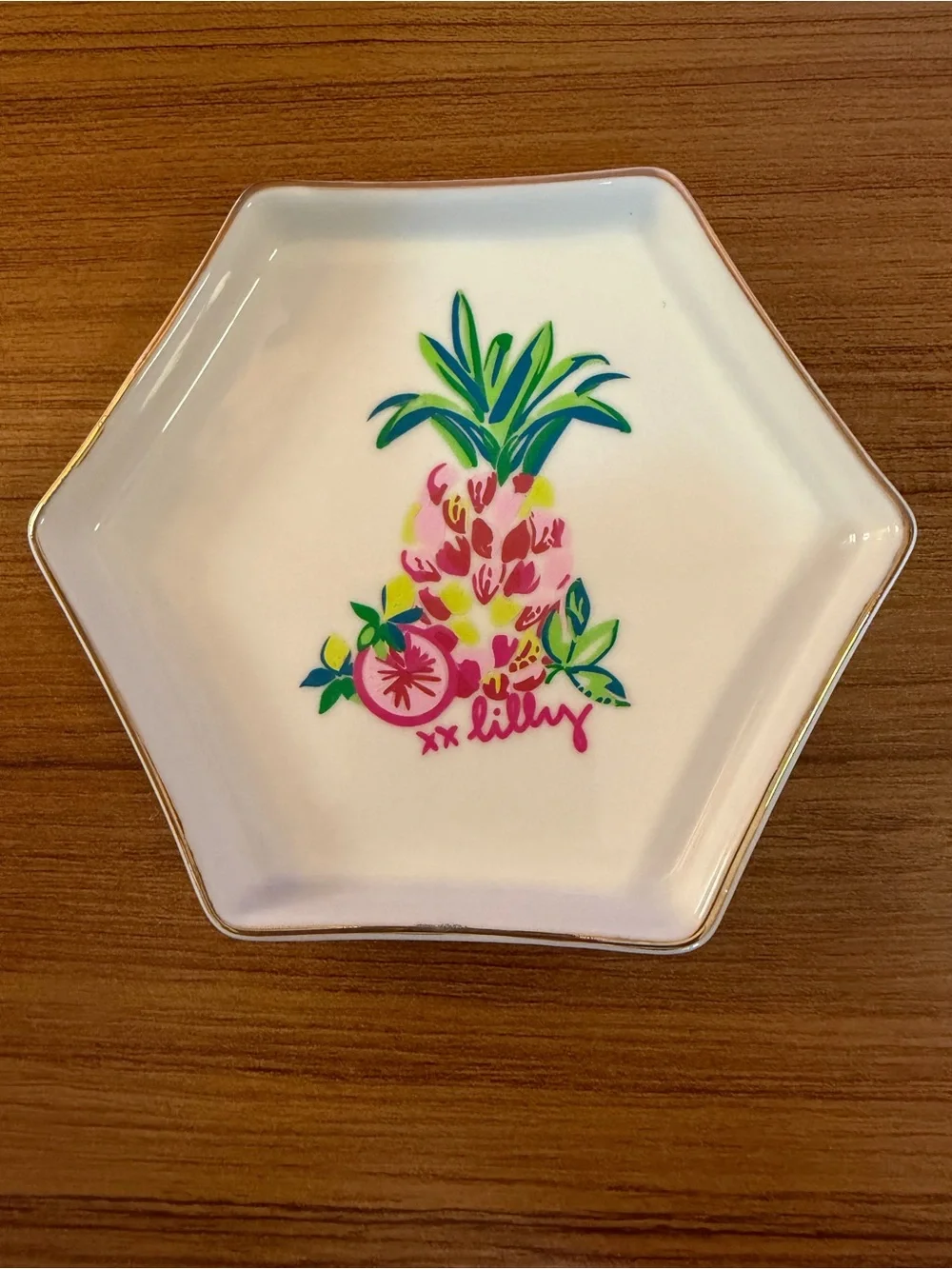LILLY PULITZER Ceramic Hexagonal TROPICAL PINEAPPLE Trinket Dish 5.5 inches Wide